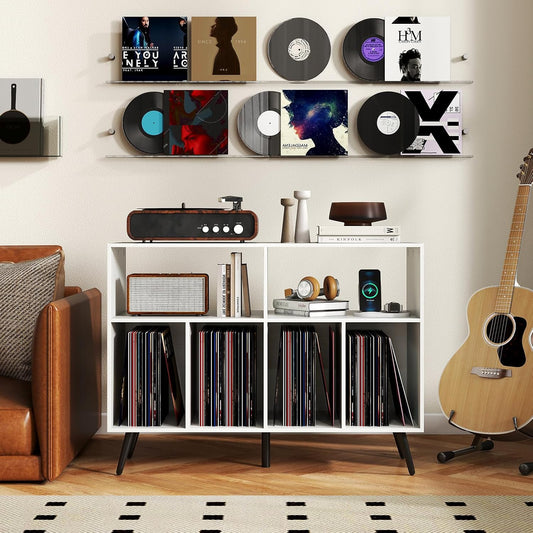 LOKO Large Record Player Stand, Vinyl Record Holder with Built-in Power Outlet, Open Shelves & Compartments, Turntable Display Stand for Living Room, Bedroom, Office (White)