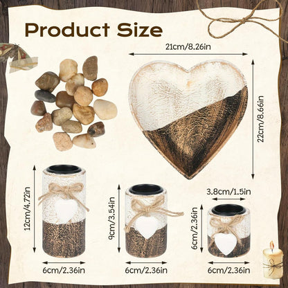 Farmhouse Candle Holders 3 Pack Rustic Wooden Pillar Candle Holder with Heart Tray and Stones Tealight Candles Holders Farmhouse Centerpiece for Coffee Table Mothers Day Valentines Home Decor