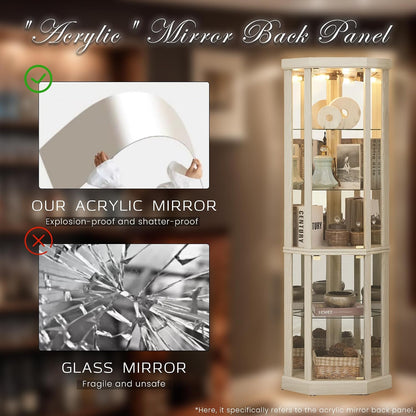 Corner Curio Cabinet, 70" H Lighted Glass Display Cage with Tempered Glass Doors and 5 Adjustable Shelves, Light Bulb Inclued, Wine Bar China Cabinet for Living Room (White)