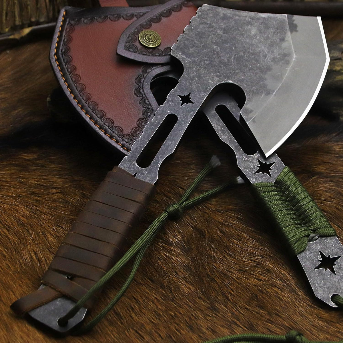 BA-KOR 12.2-inch DC53 Steel 10mm Thick Multi-Functional Survival Axe for Camping, EDC Tool, Jungle Logging Axe + Axe Sheath (5.9in) Cerium igniter