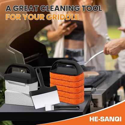 Griddle Cleaning Kit for Blackstone, Flat Top Grill Cleaning Kit with Griddle Scraper, Grill Brick, Scouring Pads & Ergonomic Handles for Deep Clean Grease, Burnt Residue (11 PCS)
