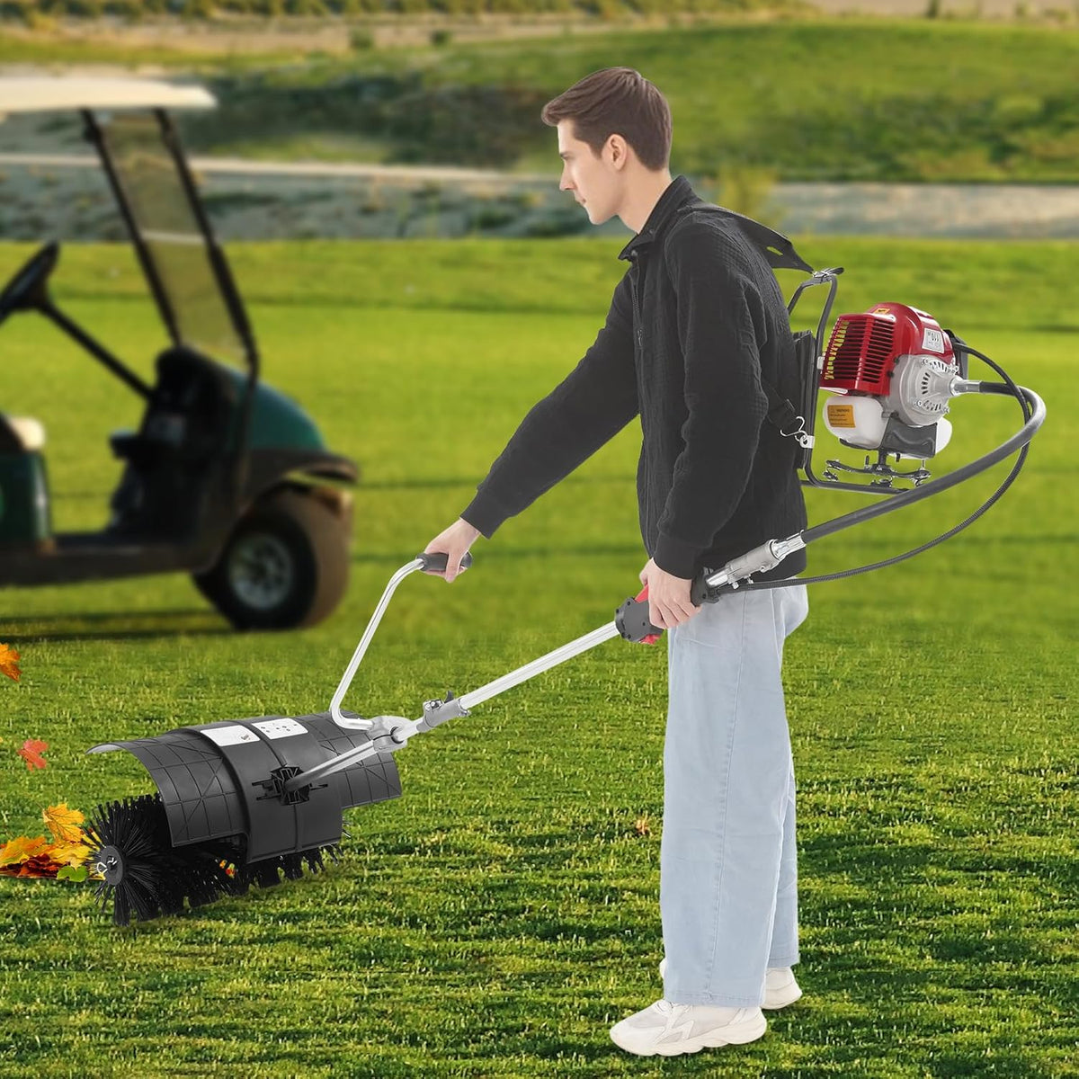 52CC 2 Stroke Gas Backpack Broom Sweeper, 2.3HP Artificial Grass Brush Gasoline Powered Broom, 1700W Outdoor Portable Lawn Sweeper Machine for Cleaning up Boulevard, Driveway, Lawn, Walkway