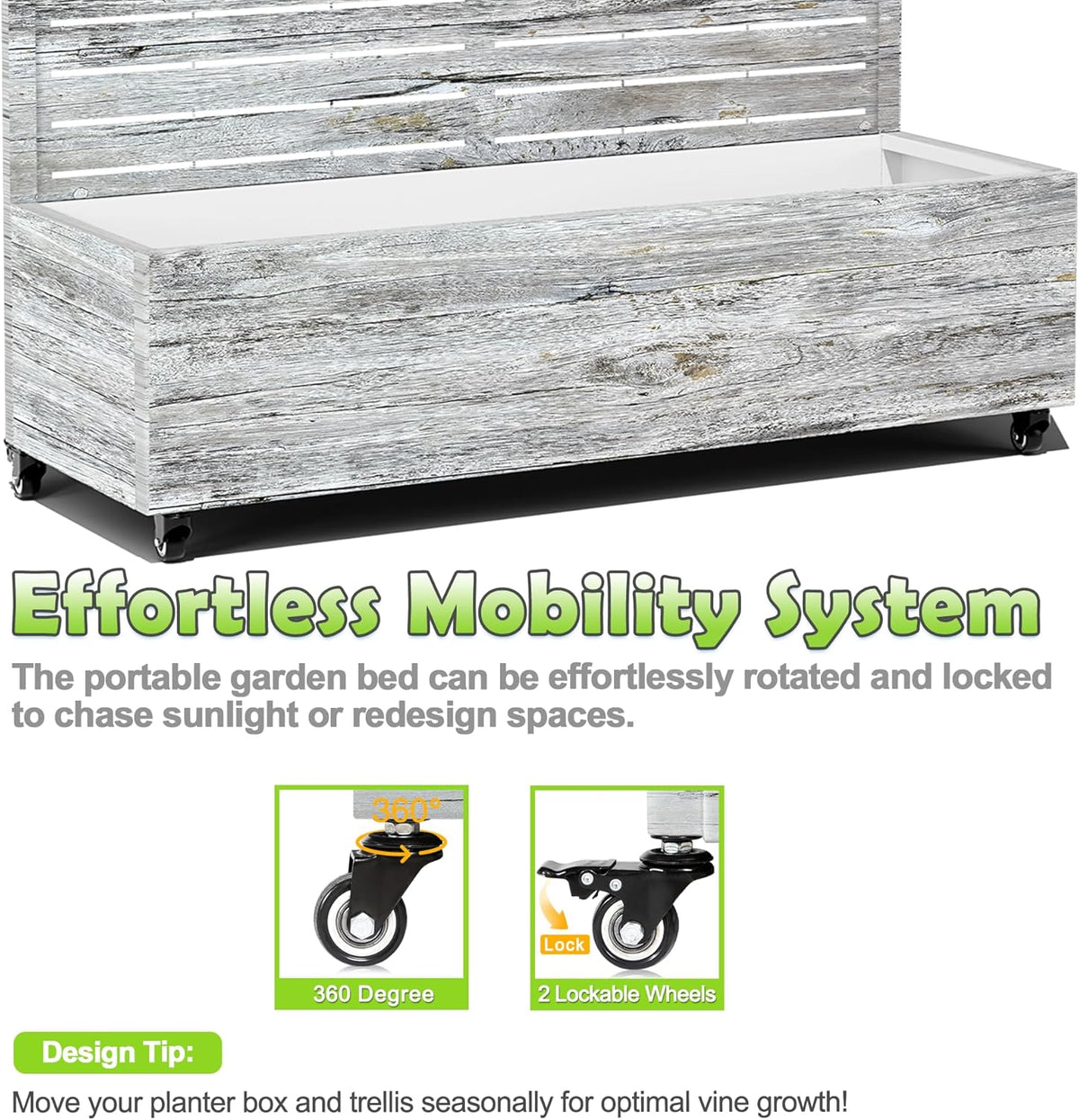 15.7"×70.9"×47.2" Metal Raised Garden Bed with Trellis and Wheels - Tall Trellis Planter Box for Climbing Plants, Vegetables & Vines - Outdoor Privacy Planters for Patio (White Oak Grain)