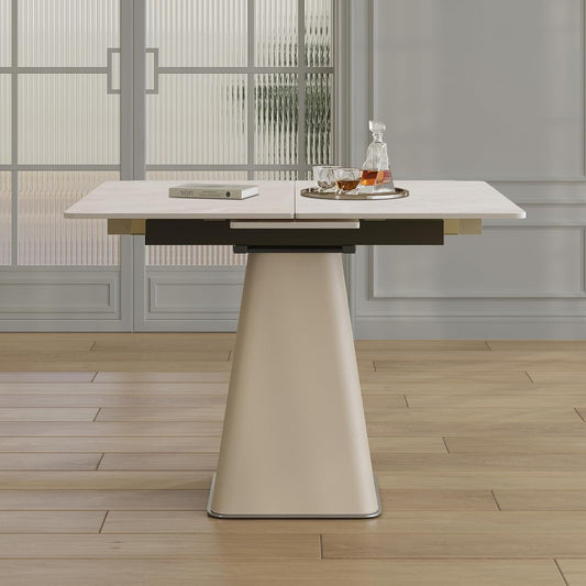 47.2" Retractable Rock Slab Folding Dining Table, Modern Expandable Kitchen Table with Leather-Wrapped Stainless Steel Base, Space Saving Square Dining Table for Small Apartments