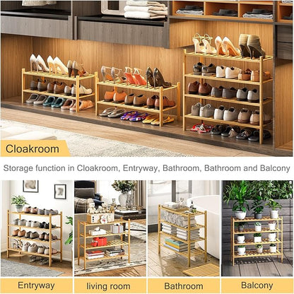 4-Tier Bamboo Shoe Rack for Entryway, Stackable | Heavy Duty | Multi-Function, Free Standing Shoe Racks for Bedroom Hallway Closet