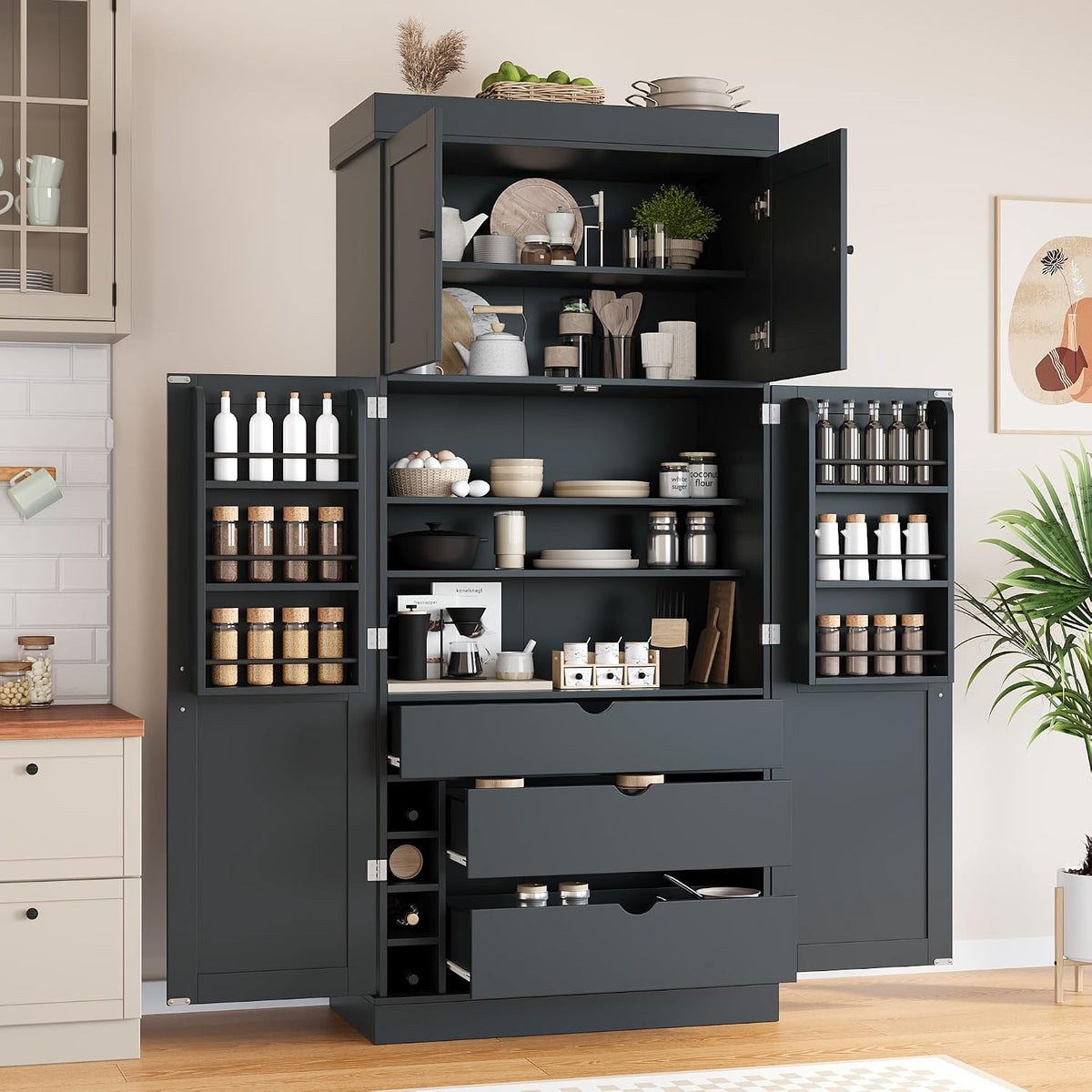 Tall Kitchen Pantry Cabinet with Adjustable Shelves, Modern Freestanding Cupboard with Door Shelves, Drawers and Wine Racks for Dining Room (Grey)