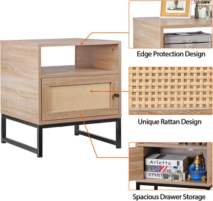 Nightstands End Table, PE Rattan Decor Drawer Opening Shelf, Set of 2 Bed Side Tables with Solid Steel Feet,for Bedroom Living Room Hallway, Natural