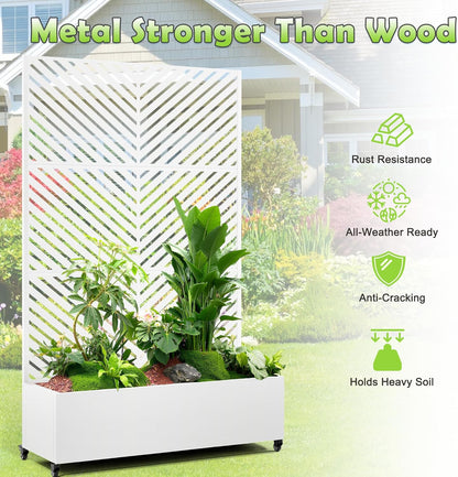 15.7"×70.9"×47.2" Metal Raised Garden Bed with Trellis and Wheels - Tall Trellis Planter Box for Climbing Plants, Vegetables & Vines - Outdoor Privacy Planters for Patio (White-Parallel)