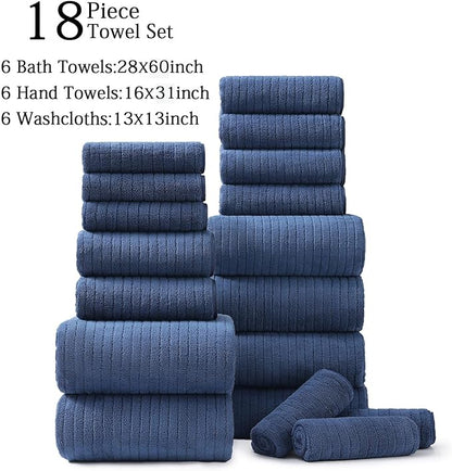 18 Piece Family Bath Towel Set Include 6 Bath Towels,6 Hand Towels and 6 Washcloths Soft Bathroom Towel with Hanging Loops,Highly Absorbent Quick Dry Towels Set for Bathroom,Hotel and Spa-Navy