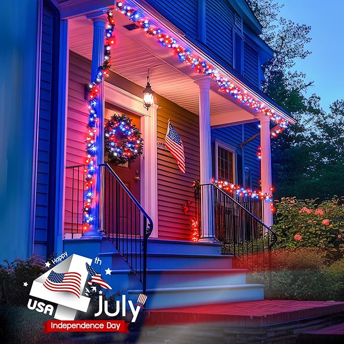 JMEXSUSS 400 LED Red White and Blue Lights Plug in, 4th of July Decorations Patriotic Lights Outdoor for American Holiday Tree Party Independence Memorial Day Decor