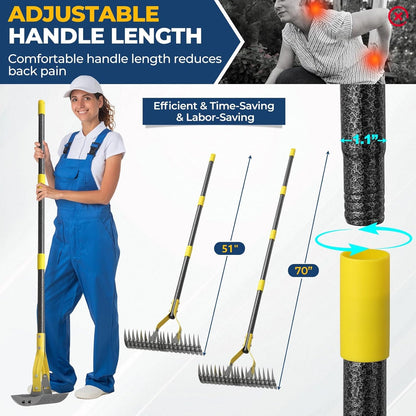 Rake, 70" Heavy Duty Metal Dethatcher Rake with 15" Wide Double-Edged Sharp Tines Thatch Rakes for Lawns,Mulch Dead Grass Removal, Loosening Soil,Lawn Care, Dethatching,Yard,Garden