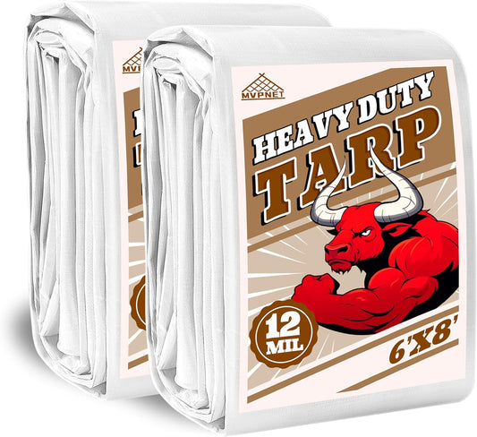 Tarp 6x8(2packs) ft Heavy Duty 12mil 100% Waterproof High Durability Multipurpose,Uv Resistant,White Tarp Suitable for Swimming Pools, Boats, Camping, Courtyards, Etc -by MVPNET