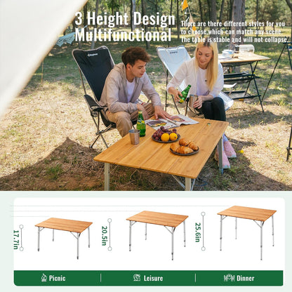KingCamp Bamboo Folding Camping Table, 4-Fold Adjustable Outdoor Table | Portable Design with Carry Bag, Natural Bamboo Top, Ideal for RV Outdoor Picnic Backyard Camping