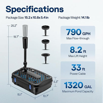 VIVOHOME All-in-One Pond Filter Fountain System Kits, 790 GPH Submersible Water Pump for Ponds up to 1320 Gallons