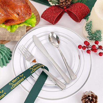 WDF 180 Pieces Silver Plastic Silverware - Silver Plastic Cutlery - Fancy Plastic Silverware Heavy Duty - 60 Forks 60 Knives 60 Spoons - Disposable Plastic Utensils Perfect for Party/Wedding/Christmas