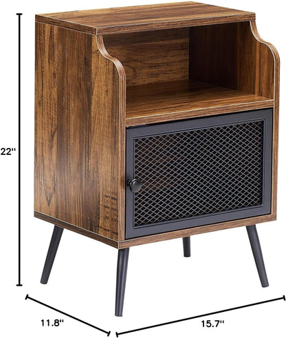 VECELO Modern Nightstand Set of 1, End Table with Storage Cabinet, Industrial Night Stand with Open Drawer Shelf for Living Room, Bedroom, Brown