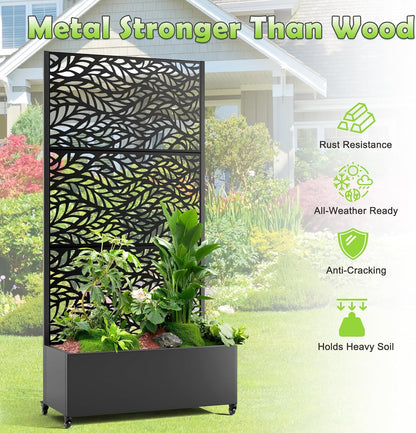 15.7"×70.9"×35.4" Metal Raised Garden Bed with Trellis and Wheels - Tall Trellis Planter Box for Climbing Plants, Vegetables & Vines - Outdoor Privacy Planters for Patio (Black-Spring)