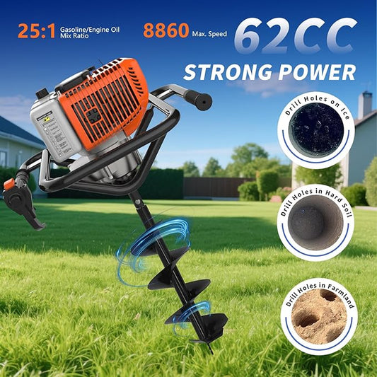 62cc 2-Stroke Auger Post Hole Digger with 2 Extension Rods & 6" & 8" Auger Bits - Gas Powered Earth Auger for Fencing, Gardening, Construction - Heavy Duty Digging Machine (62cc+2 Auger Bit(6"8"))