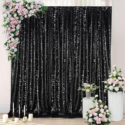 Black Backdrop for Halloween Decorations: Sequin Photo Curtains 10ft x 10ft Glitter Fabric for Wedding Party Baby Shower