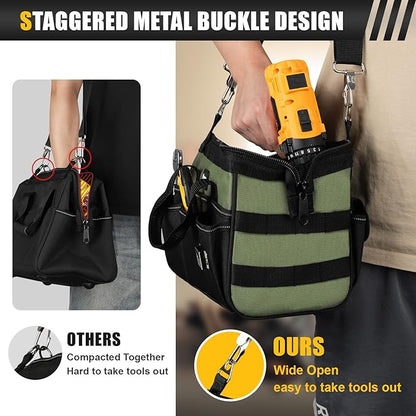 12-Inch Mini Small Tool Bag, 15-Pocket Portable Tool Box Organizer Storage, Heavy Duty Tactical Carrying Tote, Home Toolbag with Large Zipper, Father Day Dad Men Engineer Electrician Gift, Green