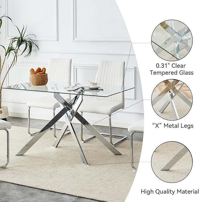 51.18" Glass Dining Table for 4-6, Dining Room Table with Clear Tempered Glass and Silver Metal Legs, Modern Rectangular Kitchen and Dining Room Dinner Table for Kitchen