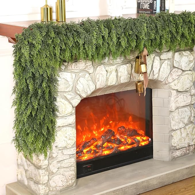 Real Touch Cedar Garland - Artificial Christmas Garlands Faux Green Cedar Fake Pine Needles Garland for Fireplace,Table, Stairs, Mantle, Window,Indoor Outdoor,Home,Holiday Decor(1 PCS,9 FT)