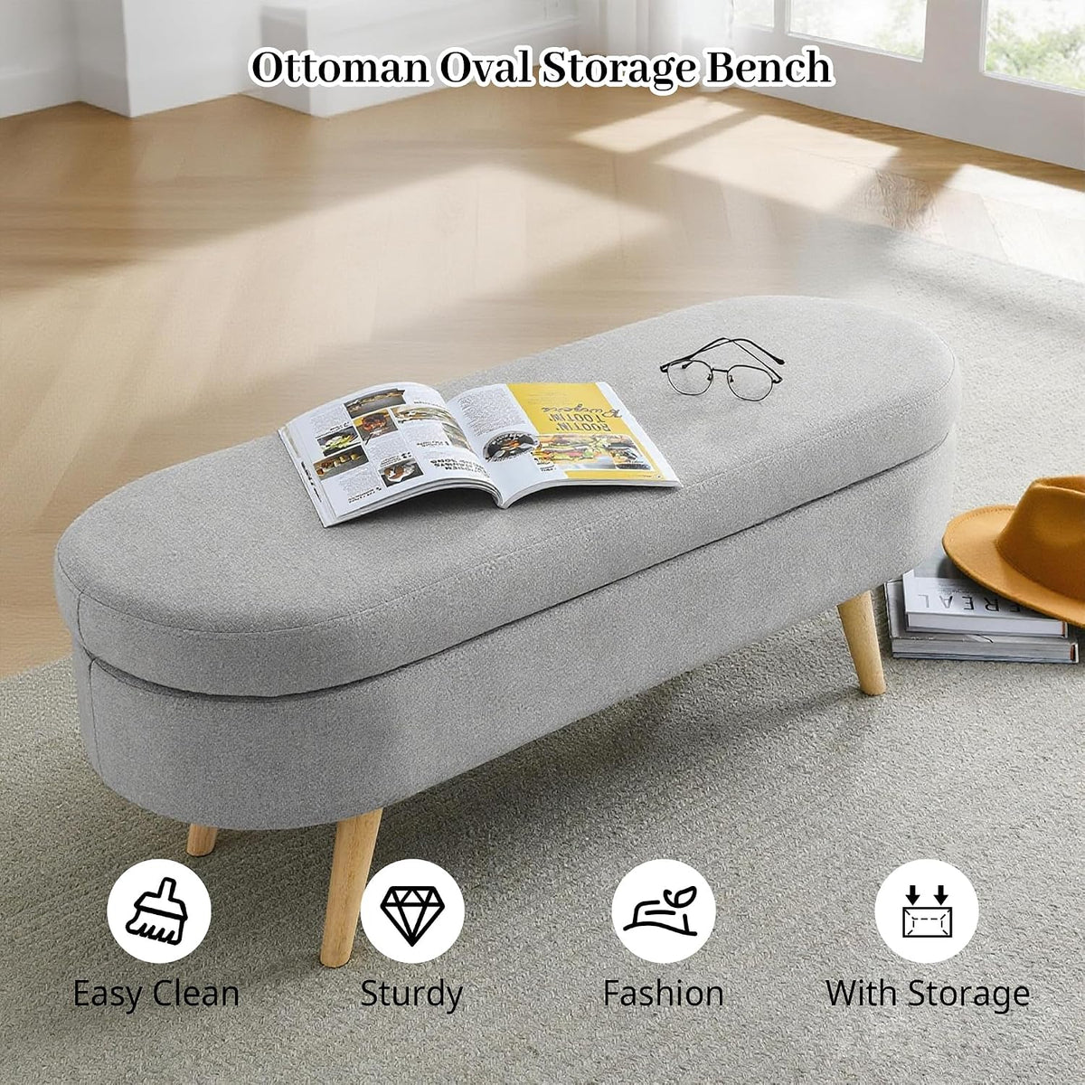 Storage Bench, 43" Storage Ottoman Bench for Bedroom, Upholstered Entryway Benches with Seating, Rubber Wood Legs, Shoe Storages Benches for Bedroom, Living Room, Entryway, Bed Side, Grey