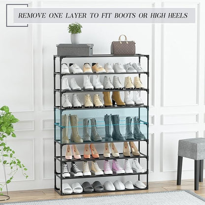 TY ARTS & CULTURE 2 Pack 9-Tiers Shoe Rack Organizer, Sturdy Metal Pipes & Durable Non-Woven Fabric, Space Saving Tall Shoe Shelf Hold 72-90 Pairs, Shoe Rack for Entryway (Black)