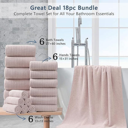 18 Piece Bath Towels Set,Soft Family Bathroom Towel Set with Hanging Loops-6 Bath Towels,6 Hand Towels,6 Washcloths,Highly Absorbent Quick Dry Shower Towel for Bathroom,Hotel,Spa-Blush Pink Towel Set
