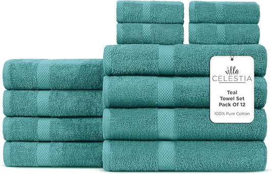 100% Cotton Bath Towel Set of 12-4 Bath Towels, 4 Hand Towels, 4 Wash Cloths, Sustainable, Soft, Highly Absorbent, Combed Cotton 12 Piece Set for Hotels, Spa, Bathroom, Dorm, Teal