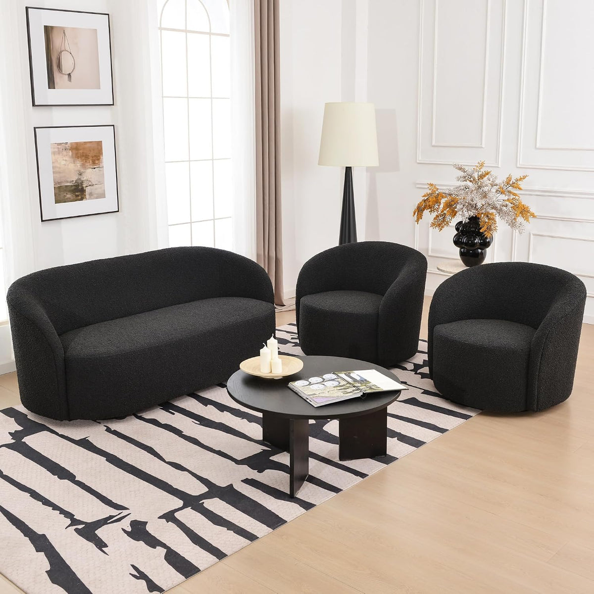 KINWELL 34" W Swivel Barrel Chair Set of 2, Mid Century Modern Round Upholstered Boucle Swivel Accent Chairs, No Assembly Sofa Chair for Living Room Bedroom Reading, Black