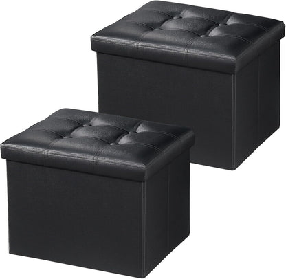 Bsketa Storage Ottoman Bench, 17" Folding Leather Foot Rest,Black 2 Pack | Ottoman with Storage, Thicker Foam Padded Seat, Living Room, Dorm, Bedroom, Load 330 lbs, Easy to install, 17x13x13in