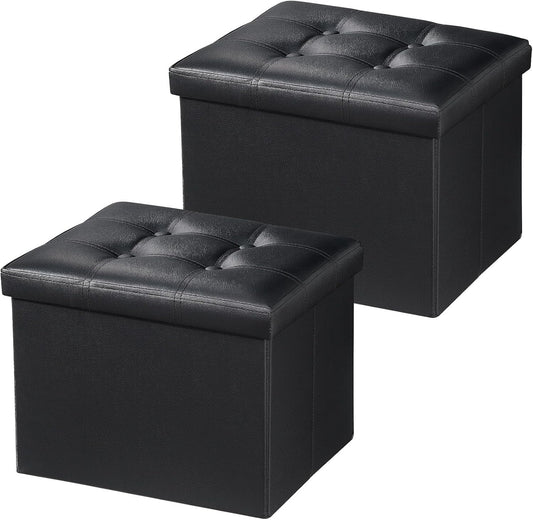 Bsketa Storage Ottoman Bench, 17" Folding Leather Foot Rest,Black 2 Pack | Ottoman with Storage, Thicker Foam Padded Seat, Living Room, Dorm, Bedroom, Load 330 lbs, Easy to install, 17x13x13in