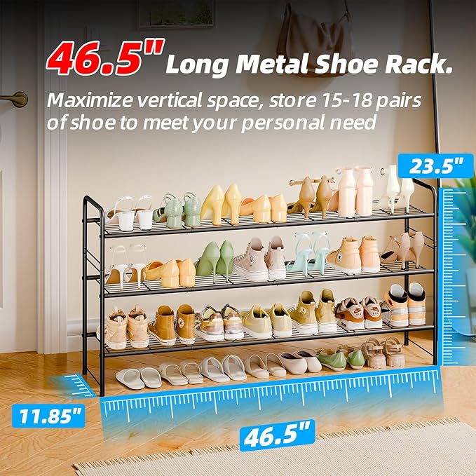 3 Tier Shoe Rack for Closet, 46.5 Inch Extra Long Shoe Storage Organizer for Shelves, Heavy Duty Metal, Easy Assembly, Black