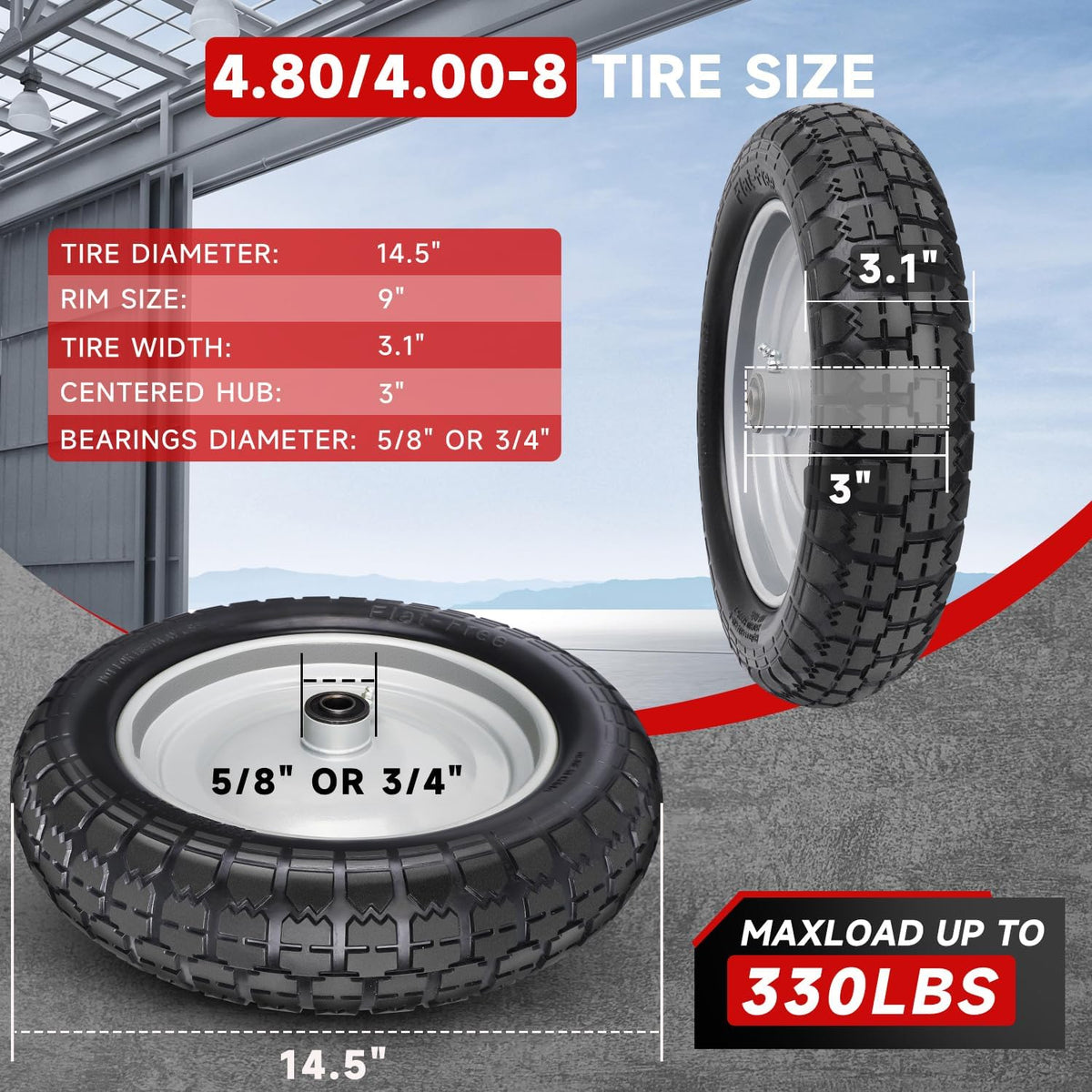 4.80/4.00-8 Tire, 14.5" Flat Free Wheelbarrow Tire and Wheel, 5/8" 3/4" Bearings Solid Replacement Tires, 3" -7" Centered Hub, Universal Fit 4.80/4.00-8, 3.50/3.00-8, 4.00-6, 2 Pack