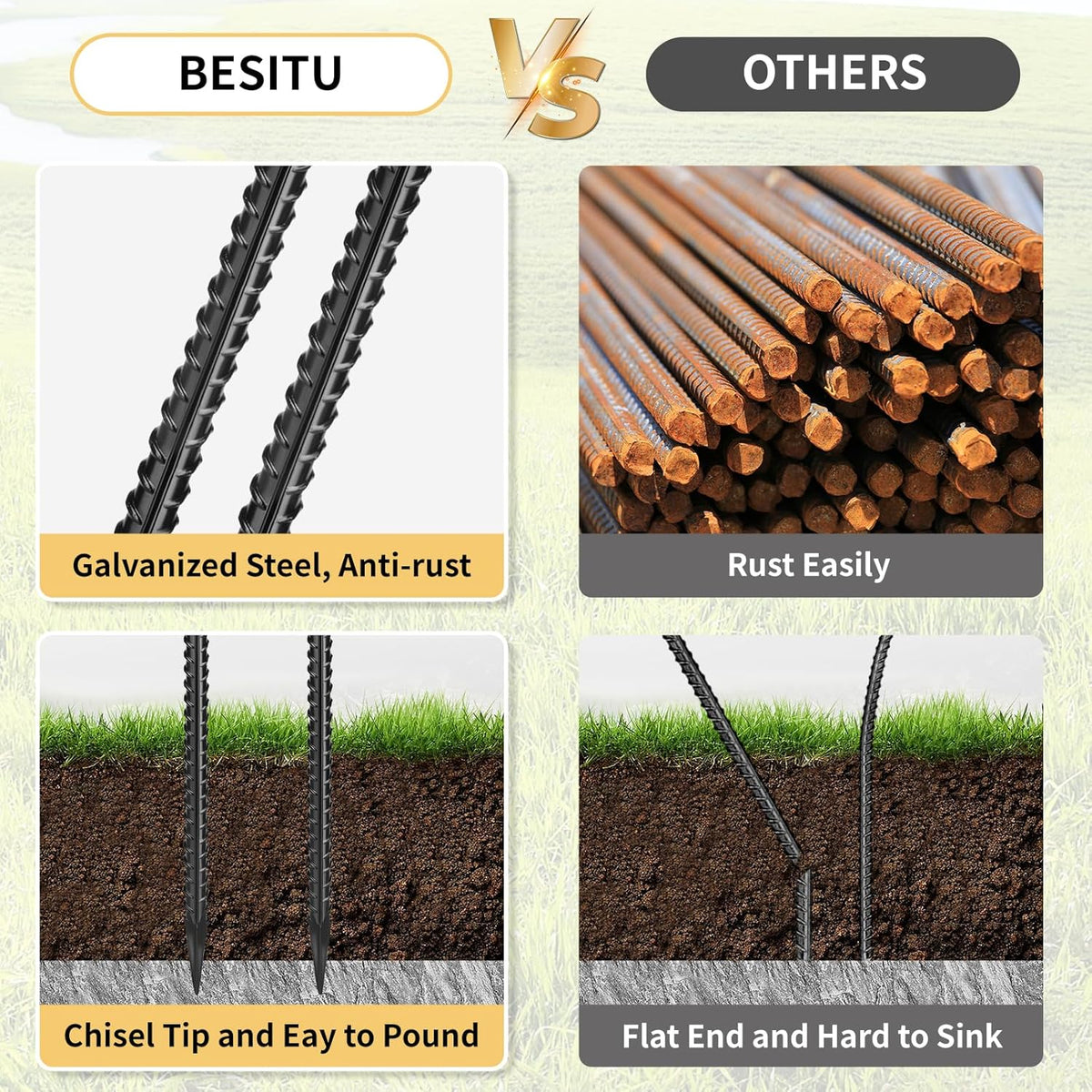 Rebar Stakes 36 inches 16-Pack Concrete Form Stakes Straight 3/8" Diameter Rebar Ground Metal Stakes for Landscaping, Securing Fence, Garden Plants Support, Survey Markers and Securing Trees