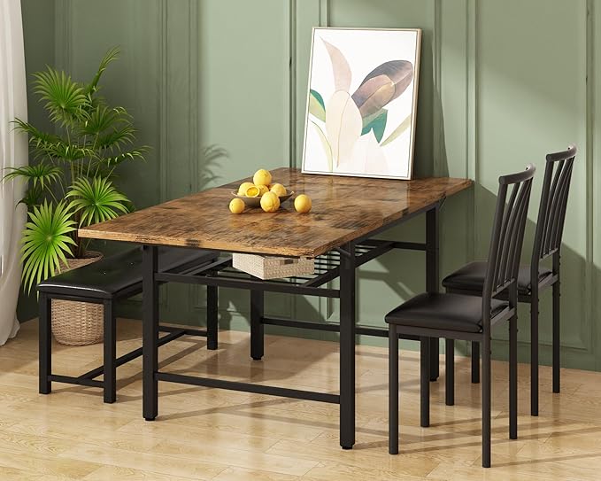 Lamerge 4-Piece Dining Table Set for 3-6 People, 63" Extendable Kitchen Table Set with 1 Bench and 2 Backrest Chairs, Faux Wood Table Square Dining Table Set with Drop Leaf for Small Space