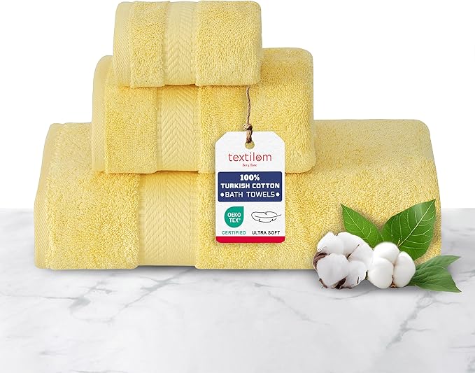 TEXTILOM 100% Turkish Cotton 3 Pcs Bath Towel Set, Luxury Bath Towels for Bathroom, Soft & Absorbent Bathroom Towels Set (1 Bathtowel, 1 Hand Towel, 1 Washcloth)- Yellow