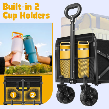 Wagon Cart Foldable, 360Lbs Collapsible Wagon Cart with Wheels Portable, Outdoor Utility Carts for Groceries, Camping, Sports, Garden, Shopping, Black
