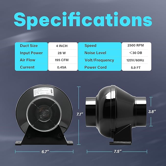 iPower 4 Inch 195 CFM Inline Duct Grow Tent Air Vent Exhaust Booster Blower for Hydroponic Ventilation Circulation, Attic, HVAC, Basements or Kitchens, Low Noise, 4'' Fan Quiet, New, Black