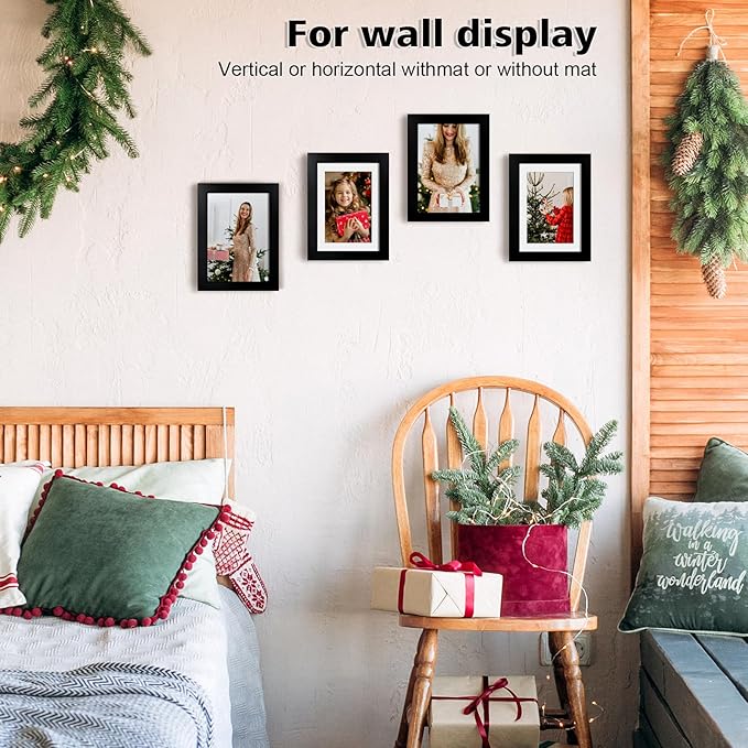KINLINK 5x7 Picture Frame Black, Solid Wood Frames 5x7 with Acrylic Plexiglass for Pictures 4x6 With Mat,Tabletop and Wall Display, 5 x 7 Picture Frame Set of 4