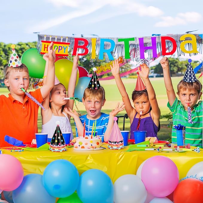 116 PCS Birthday Party Cone Hats Assorted Colors Cone Paper Hat with Colorful Blowers and Metallic Fringed Noise Makers Blowouts for Kids Adults Birthday Baby Shower Party Supplies
