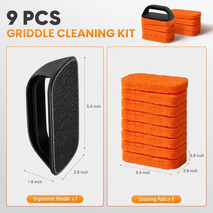 Griddle Cleaning Kit for Blackstone, Griddle Accessories with 8 Scouring Pads & 1 Handle, Multi-Functional Scrubber Pads, Easy to Use & Clean (9 PCS)