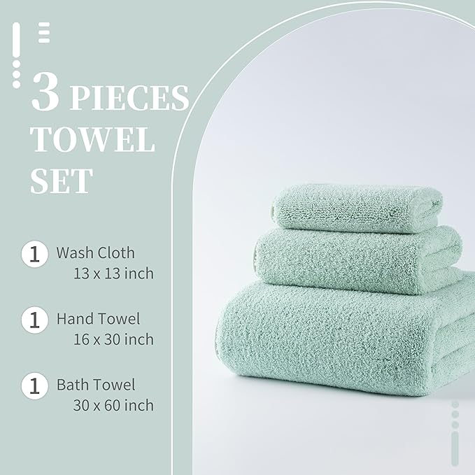 New Microfiber Bath Towel Set, 3 Piece, Oversize, Quick Dry, Lint Free, Includes Body, Hand and Face Towels