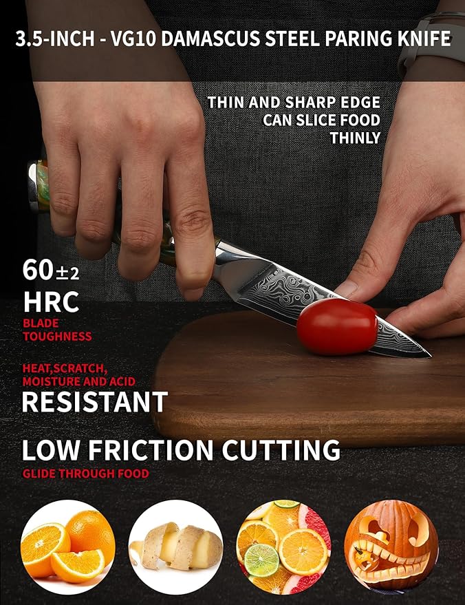 3.5 Inch Paring Knife - Kitchen Fruit Vegetable Knife Damascus Steel & Resin Handle - Xuan Series (Fantasy Orange)