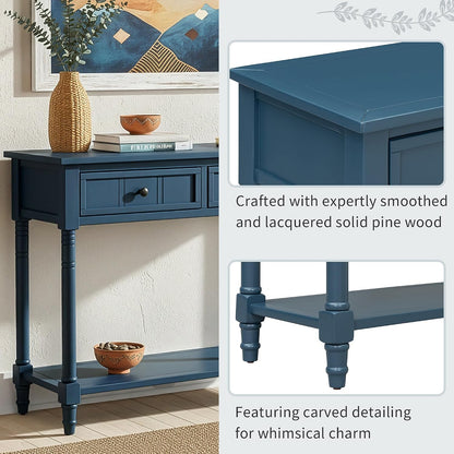 Merax Long Narrow Entryway Console Table with Storage Drawers and Bottom Shelf Dark Navy