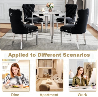 Luxury Round Glass Silver Dining Table Set for 4, 5-Piece Modern Kitchen Table Set with 4 Black Velvet Chairs for Kitchen Dining Room Apartment