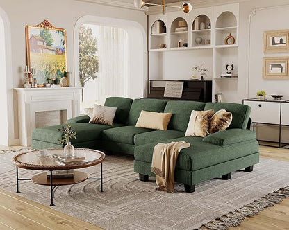 Furmax Sectional Couches for Living Room, U-Shaped Sofa Couch with Linen Fabric, 4 Seat Sofa Set with Double Chaise for Apartment (Corduroy, Dark Green)