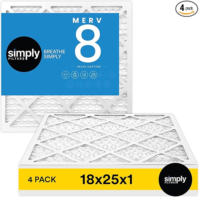 Simply 18x25x1 Air Filter, Merv 8, 4 Pack, For Home AC Furnace & HVAC (Actual Size: 17.75"x24.75"x0.75") DUST, Pet, & Allergy Control