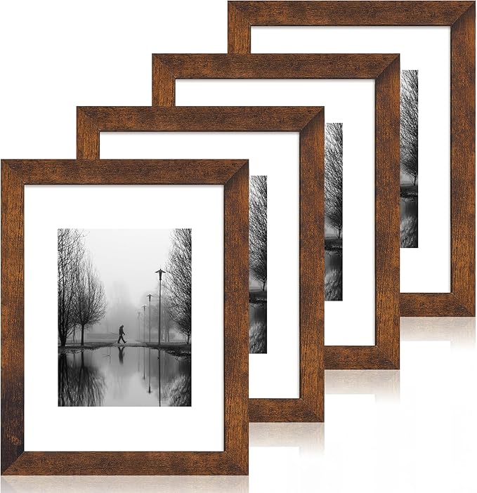 9x12 Picture Frame Set of 4 with Tempered Glass, Wooden Rustic Frame Display 6x8 Pictures with Mat or 9 x 12 Without Mat, Photo Frame for Wall Mount and Tabletop Display